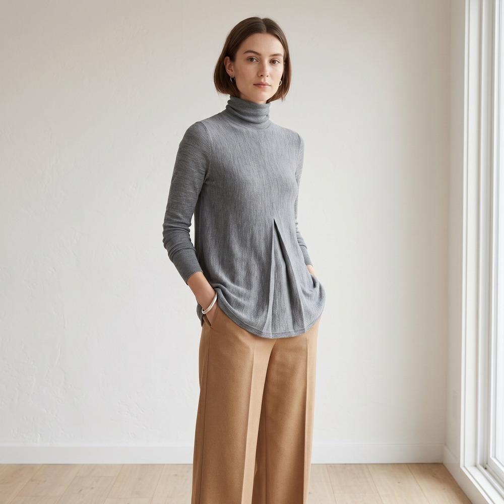 COS Women Sweater Small Grey Turtleneck Pleated Wool Minimalist Quiet Luxury